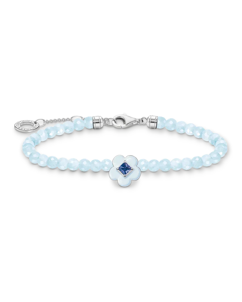 Thomas Sabo Damen Armband Blume mit blauen Jade-Beads, 925 Sterlingsilber/ Kaltemail/ Glas-Keramik Stein, Charming Collection Dunkelblau