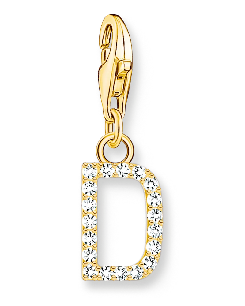 Thomas Sabo Damen Charm-Anhänger Buchstabe D mit weißen Steinen vergoldet, Sterlingsilber Gelbgold vergoldet, Charm Club Collection Gelbgoldfarben