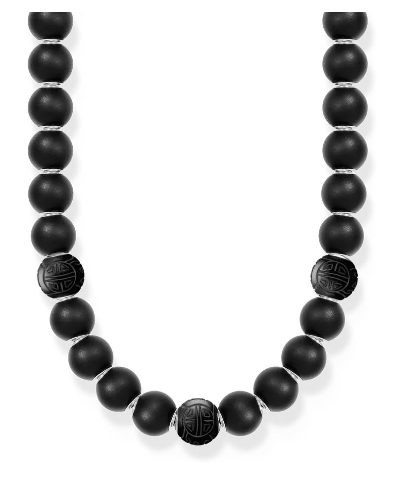 Thomas Sabo Herren Kette aus matten Obsidian-Beads und gravierten Beads, Sterlingsilber Schwarz