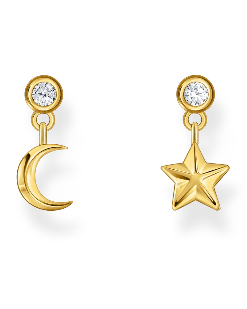 Thomas Sabo Damen Ohrstecker mit Mond- und Stern-Anhänger und weißen Steinen vergoldet, Sterlingsilber Gelbgold vergoldet Gelbgoldfarben