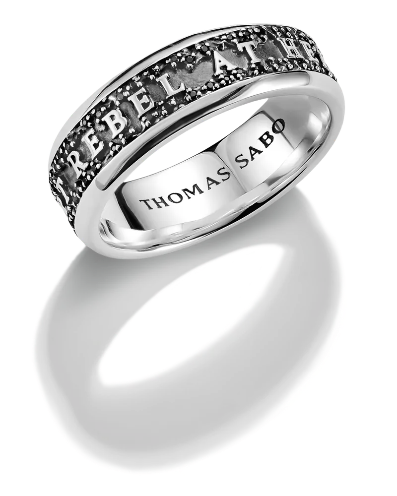 Thomas Sabo Herren Bandring mit REBEL AT HEART Schriftzug Zirkonia Rebel Icons Silber, Sterlingsilber Schwarz
