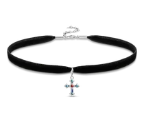 Damen Choker Ethno Kreuz, 925 Sterlingsilber/ Kaltemail/ imitierte Koralle/ imitierter Türkis/ Samt/ Zirkonia