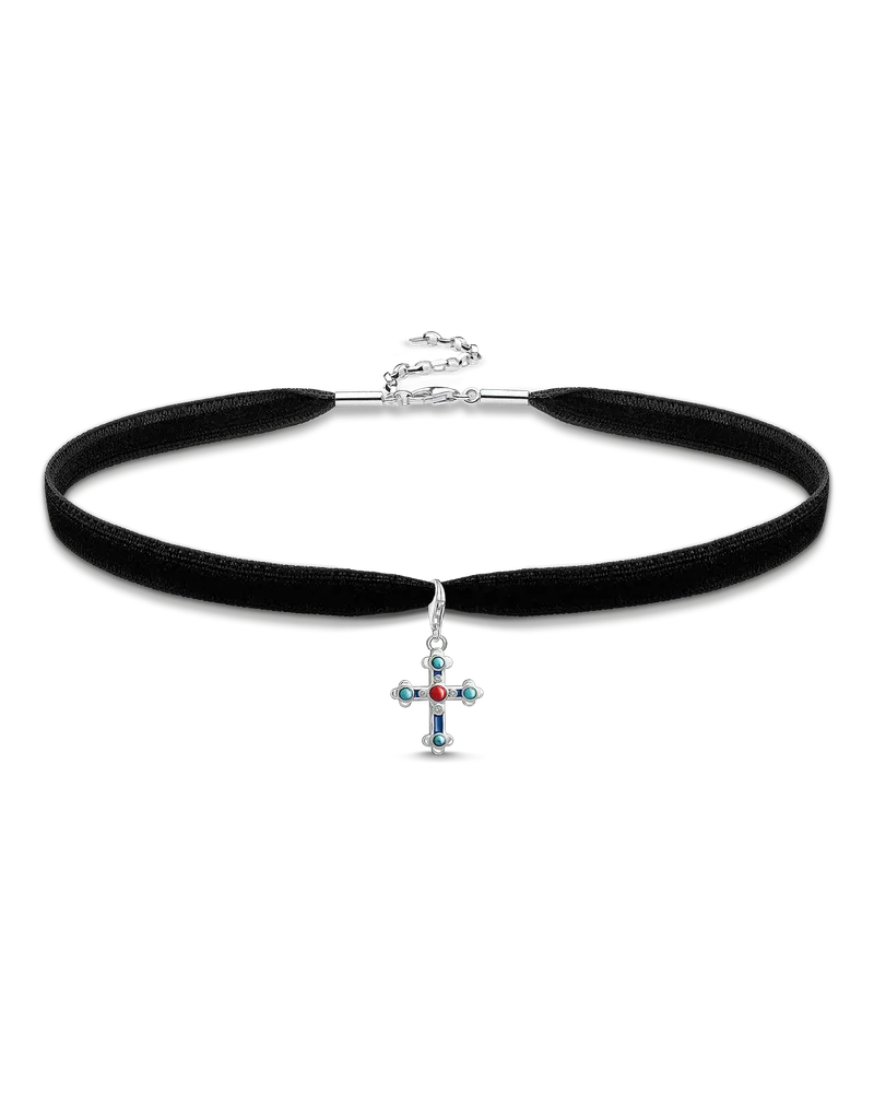 Thomas Sabo Damen Choker Ethno Kreuz, 925 Sterlingsilber/ Kaltemail/ imitierte Koralle/ imitierter Türkis/ Samt/ Zirkonia Blau