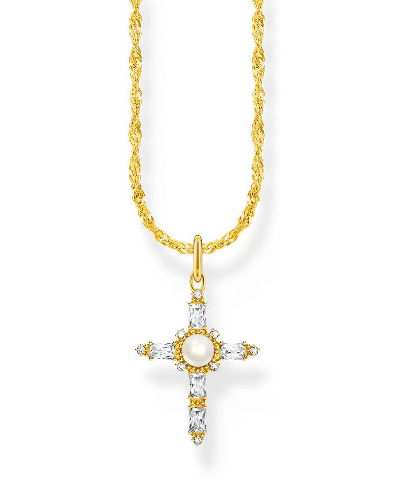 Thomas Sabo Damen Kette mit weißem Kreuzanhänger Cross Romance vergoldet, Sterlingsilber Gelbgold vergoldet Gelbgoldfarben