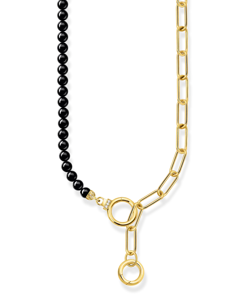 Thomas Sabo Damen Collier aus Onyx-Beads und Gliederkette mit weißen Steinen vergoldet, Sterlingsilber Gelbgold vergoldet Gelbgoldfarben