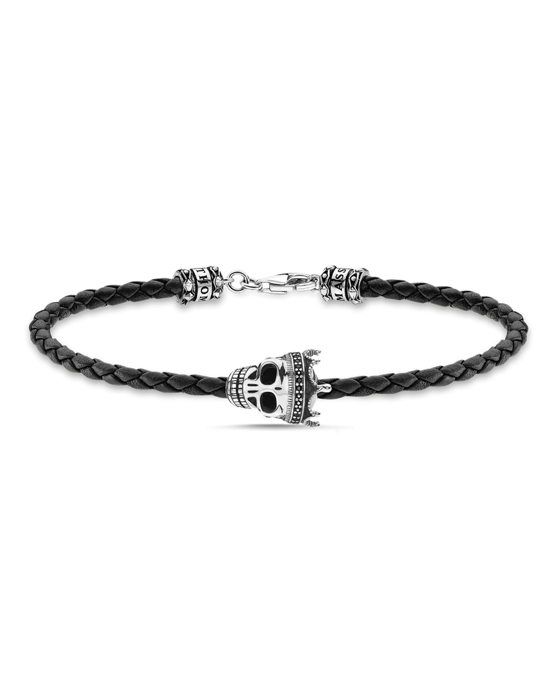 Thomas Sabo Herren Lederarmband schwarz Totenkopf, Sterlingsilber Schwarz