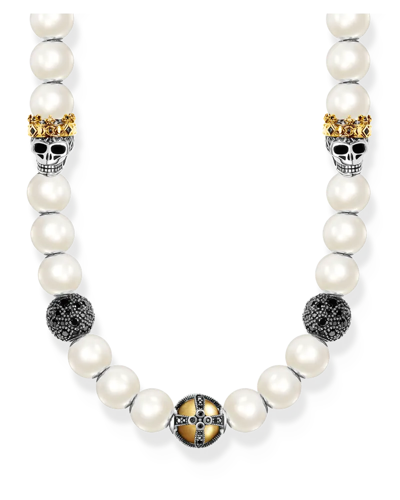 Thomas Sabo Herren Kette aus Süßwasserzuchtperlen, Totenköpfen und Beads vergoldet, Sterlingsilber Gelbgold vergoldet Gelbgoldfarben