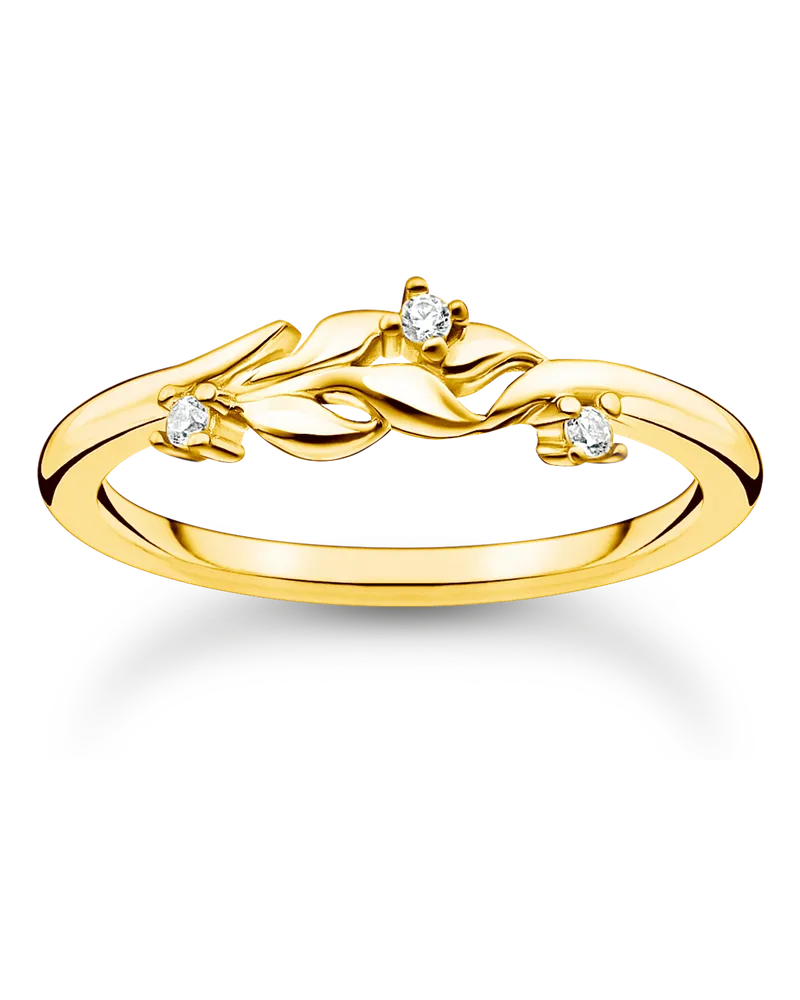 Thomas Sabo Damen Ring Blätter mit weißen Steinen gold, Sterlingsilber Gelbgold vergoldet, Charming Collection Gelbgoldfarben