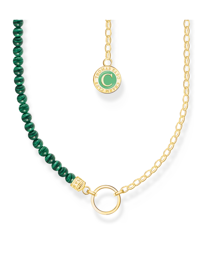 Thomas Sabo Damen Charm-Kette mit Gliedern und imitiertem Malachit vergoldet, 925 Sterlingsilber vergoldet Gelbgold/ imitierter Malachit, Charm Club Collection Gelbgoldfarben