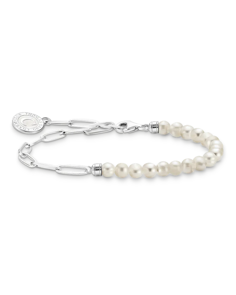 Thomas Sabo Damen Charm-Armband mit weißen Perlen und Coin Silber, Sterlingsilber, Charm Club Collection Silberfarben