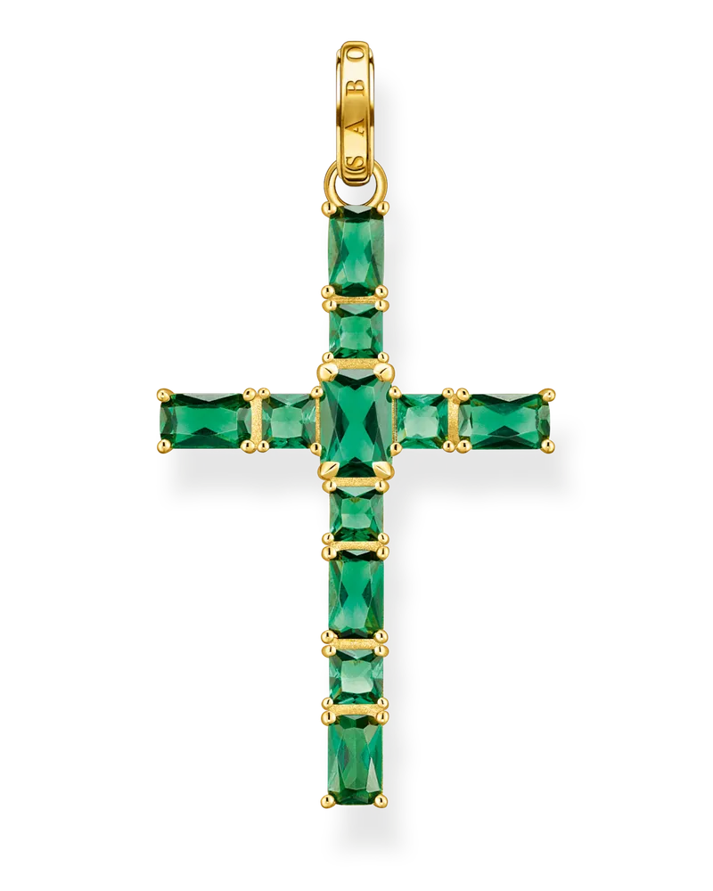 Thomas Sabo Damen Anhänger Kreuz mit grünen Steinen vergoldet, 925 Sterlingsilber, vergoldet Gelbgold/ Glas-Keramik Stein Gelbgoldfarben