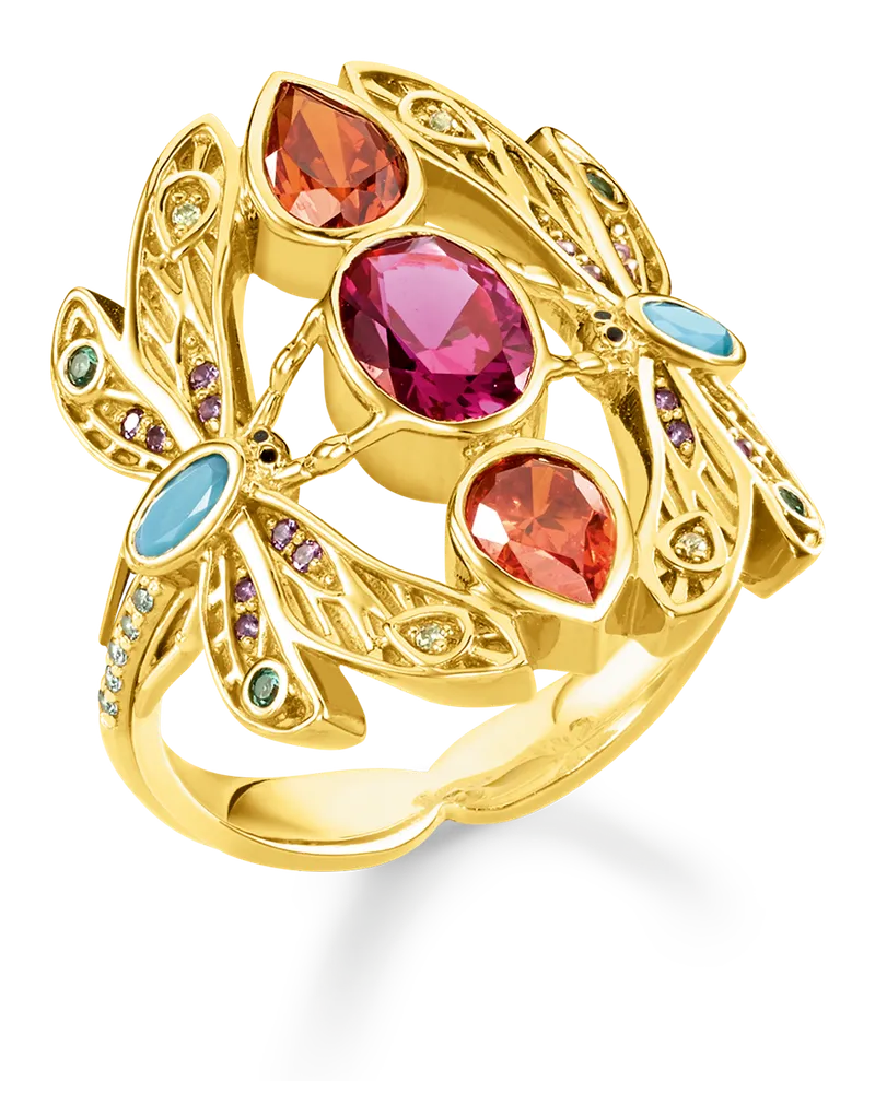 Thomas Sabo Damen Ring Libelle, 925 Sterlingsilber vergoldet Gelbgold/ Glas-Keramik Stein/ Kaltemail/ synthetischer Korund/ Zirkonia Gelbgoldfarben