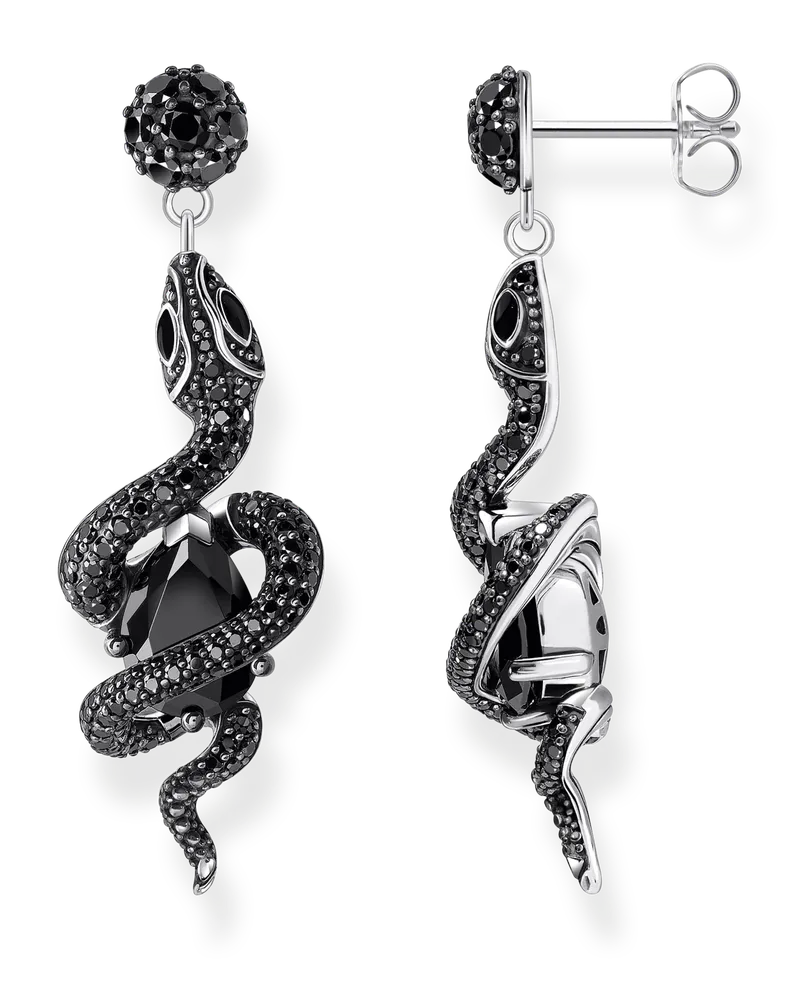 Thomas Sabo Damen Ohrringe Schlange mit schwarzen Steinen Silber geschwärzt, Sterlingsilber Schwarz
