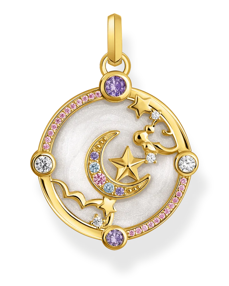 Thomas Sabo Damen Kettenanhänger mit Halbmond und bunten Steinen vergoldet, Sterlingsilber Gelbgold vergoldet Blau
