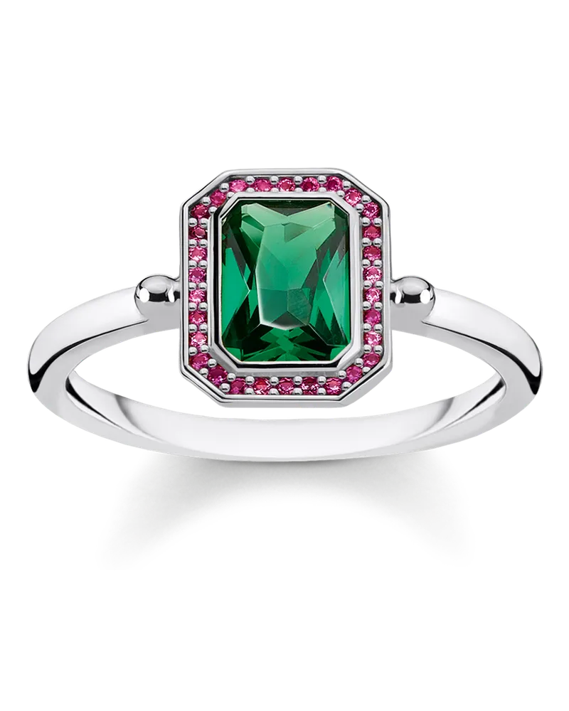 Thomas Sabo Damen Ring Steine rot und grün silber, 925 Sterlingsilber geschwärzt/ Glas-Keramik Stein/ synthetischer Korund Grün