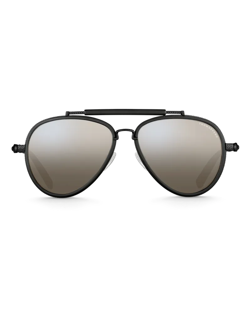 Thomas Sabo Herren Sonnenbrille Harrison Pilot Totenkopf Verspiegelt, Sterlingsilber | Leder Grau
