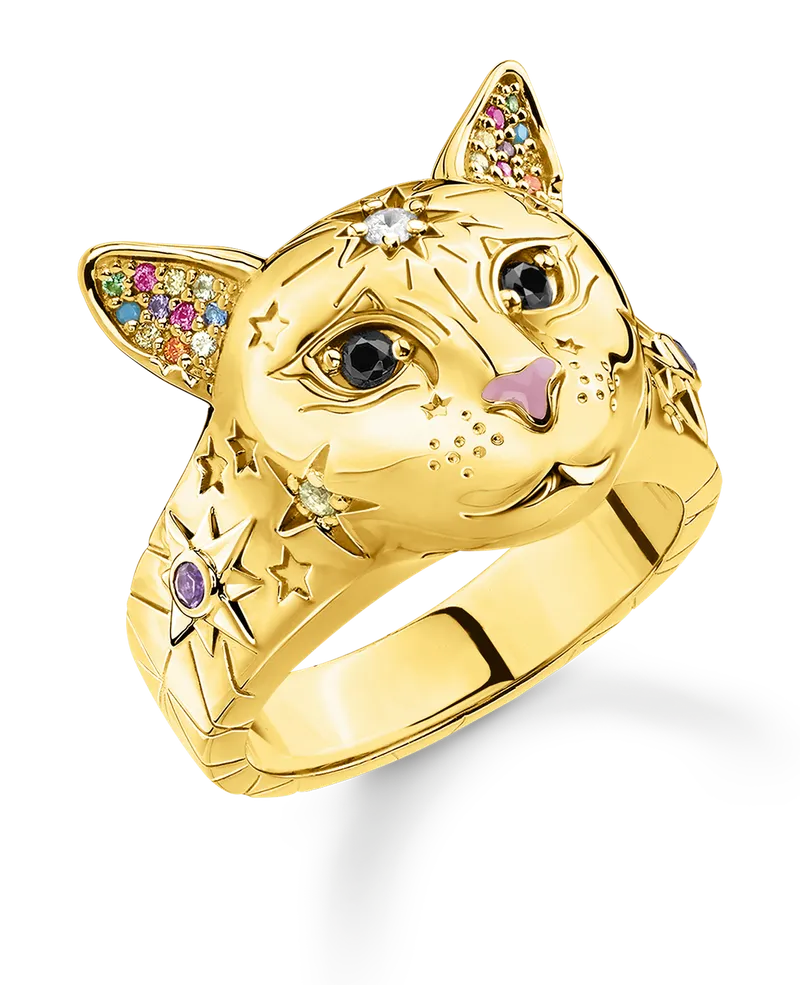 Thomas Sabo Damen Ring Katze gold, 925 Sterlingsilber vergoldet Gelbgold/ Glas-Keramik Stein/ Kaltemail/ synthetischer Korund/ Zirkonia Gelb