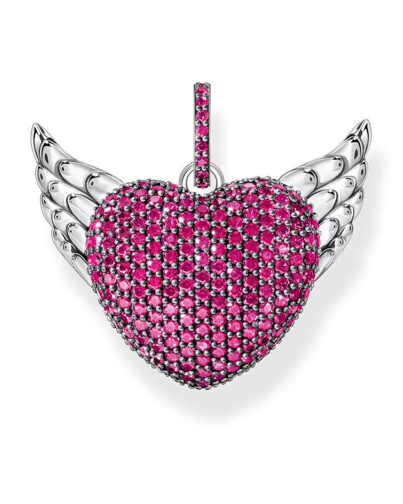 Thomas Sabo Damen Anhänger Herz mit Flügeln und rubinroten Steinen Silber geschwärzt, Sterlingsilber Silberfarben