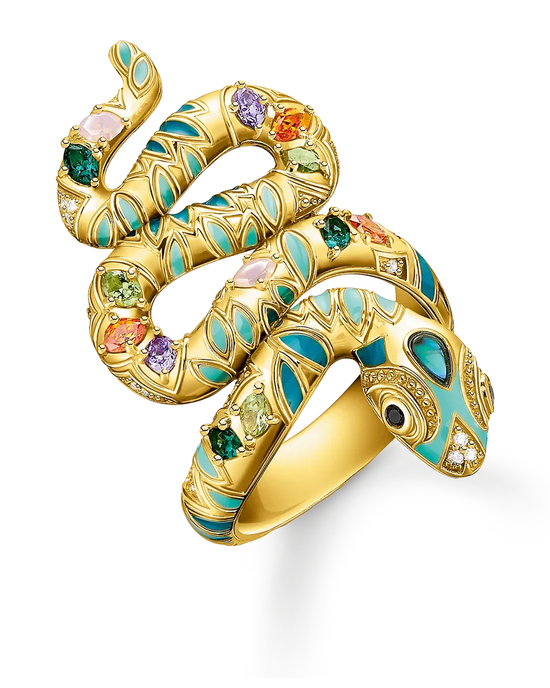 Thomas Sabo Damen Ring bunte Schlange gold, Sterlingsilber Gelbgold vergoldet Blau