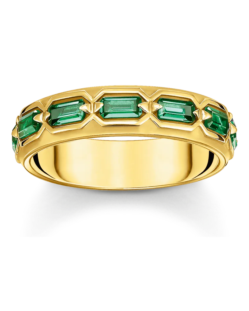 Thomas Sabo Herren Ring Krokodilpanzer mit smaragdgrünen Steinen vergoldet, 925 Sterlingsilber, vergoldet Gelbgold/ Glas-Keramik Stein Gelbgoldfarben