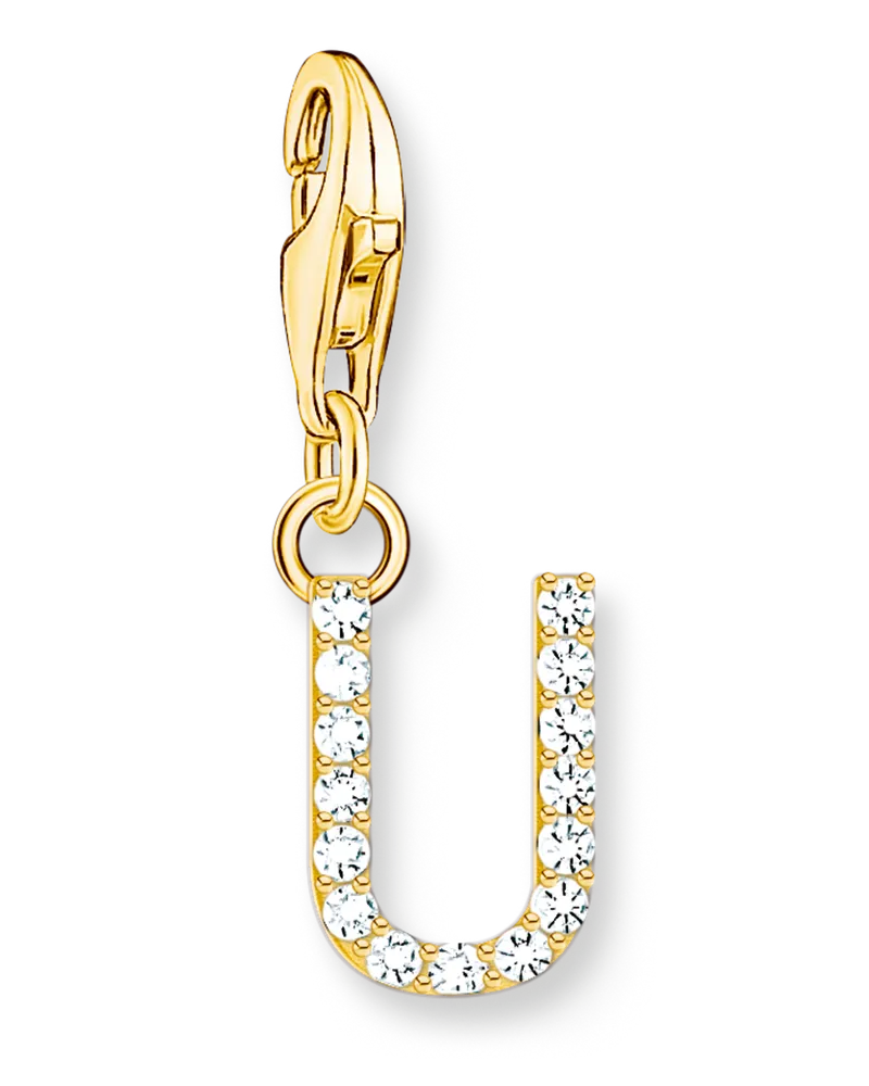 Thomas Sabo Damen Charm-Anhänger Buchstabe U mit weißen Steinen vergoldet, Sterlingsilber Gelbgold vergoldet, Charm Club Collection Gelbgoldfarben