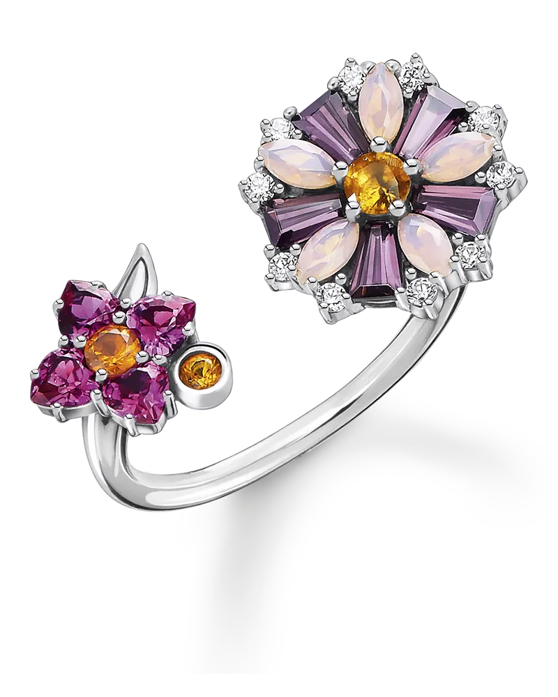 Thomas Sabo Damen Ring Blumen farbige Steine silber, 925 Sterlingsilber, geschwärzt/ Glas-Keramik Stein/ synthetischer Korund/ Zirkonia Orange