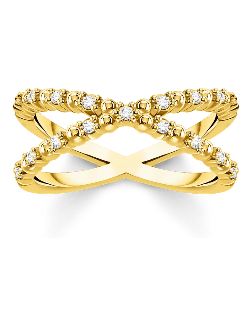 Thomas Sabo Damen Ring Kugeln mit weißen Steinen gold, Sterlingsilber Gelbgold vergoldet, Charming Collection Gelbgoldfarben