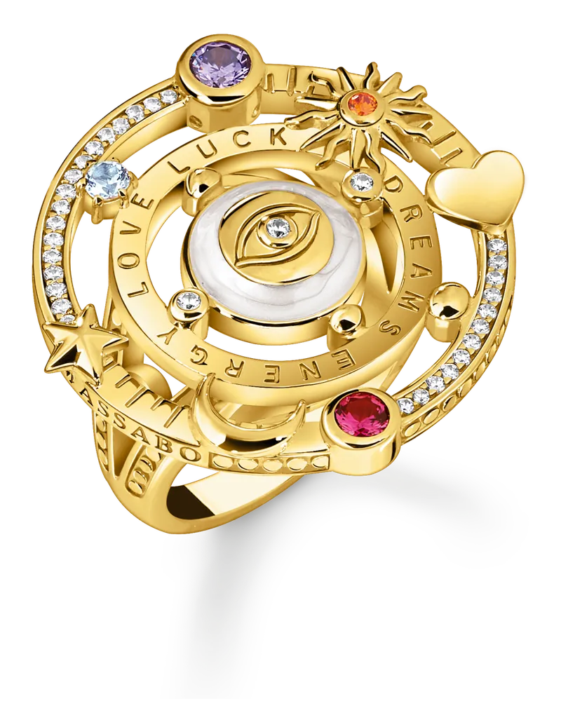 Thomas Sabo Damen Cocktailring im kosmischen Design mit bunten Steinen vergoldet, Sterlingsilber Gelbgold vergoldet Blau