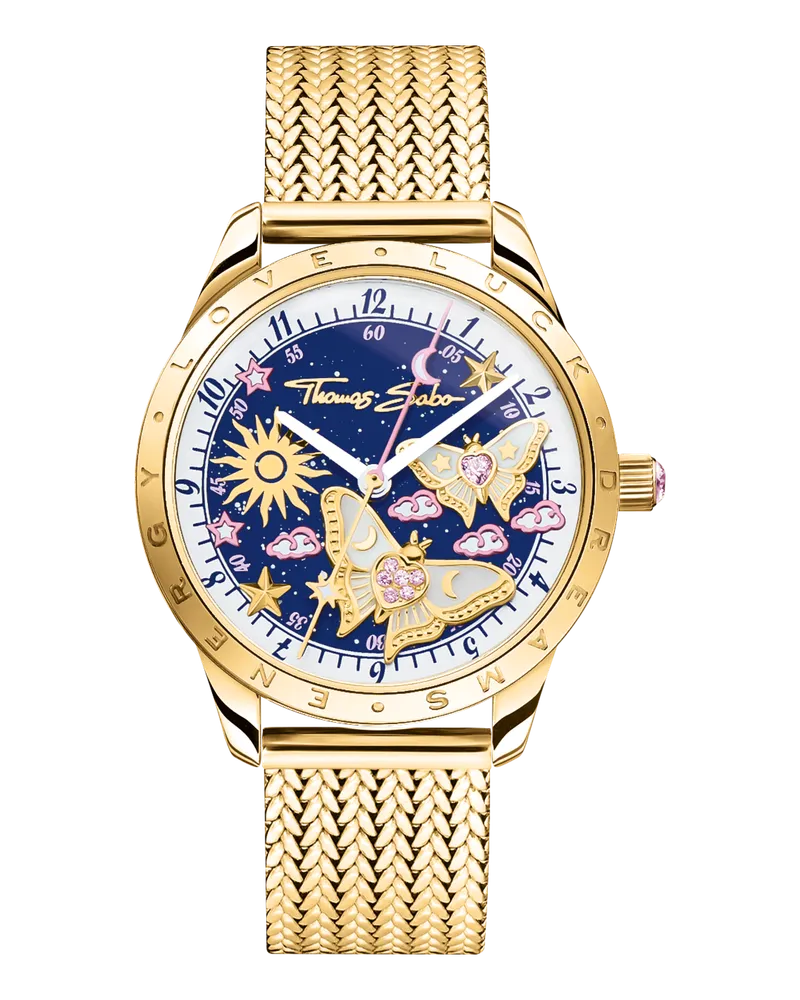 Thomas Sabo Damen Damenuhr mit Schmetterlingen goldfarben, Edelstahl Blau