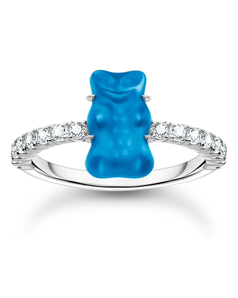 Thomas Sabo Damen Ring mit blauem Mini-Goldbären und Steinen Silber, Sterlingsilber / Glas Blau