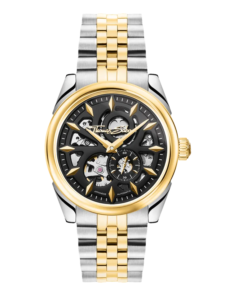 Thomas Sabo Herren Automatikuhr mit und schwarzem Zifferblatt im Bicolour-Look, Edelstahl Gelbgoldfarben