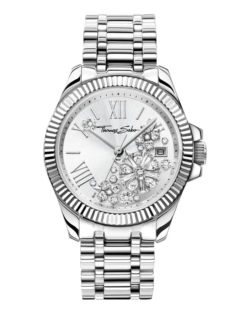 Thomas Sabo Damen Damenuhr Blumen aus weißen Steinen silberfarben, Edelstahl Silberfarben