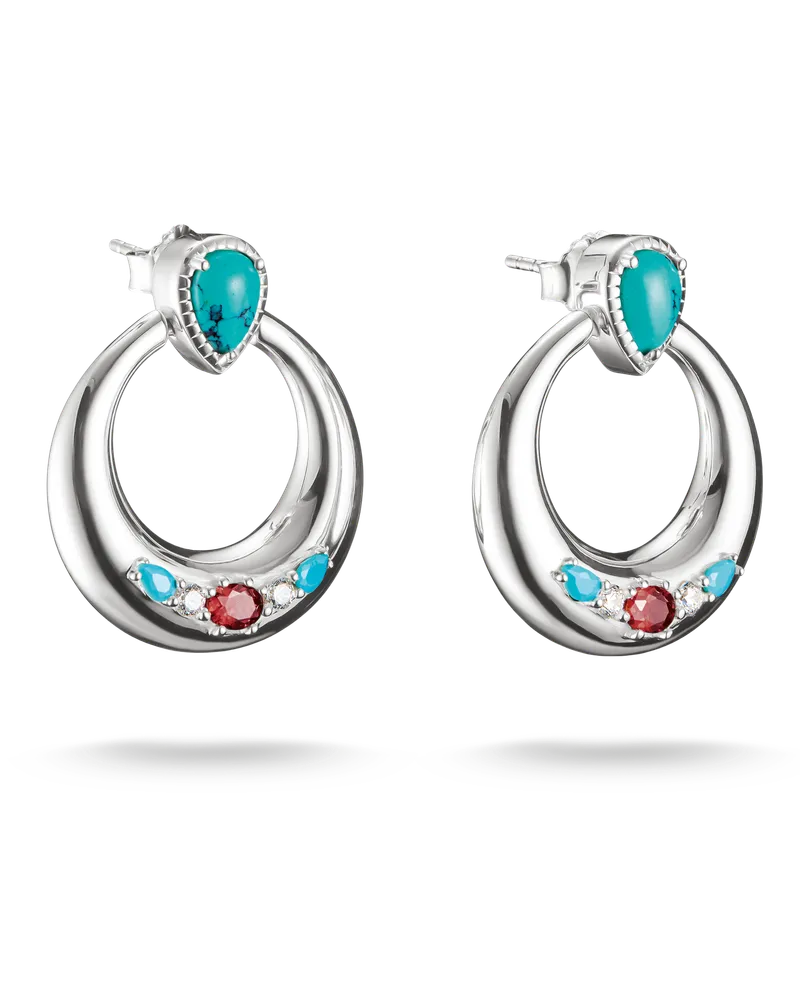 Thomas Sabo Damen Ohrringe Halbcreolenform Türkise, Weiße & Rote Steine Silber, Sterlingsilber Rot