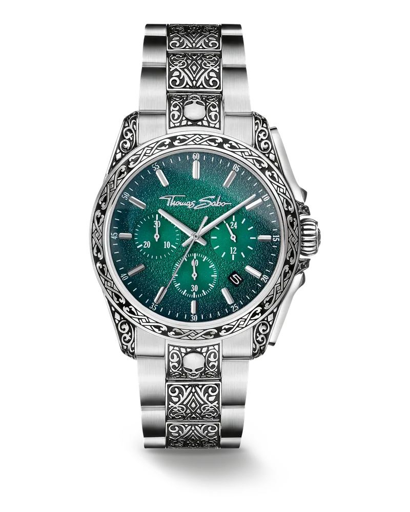 Thomas Sabo Herren Uhr Rebel at Heart Engraved 41mm Edelstahl Dunkelgrün Tattoo-Design, Edelstahl Grün