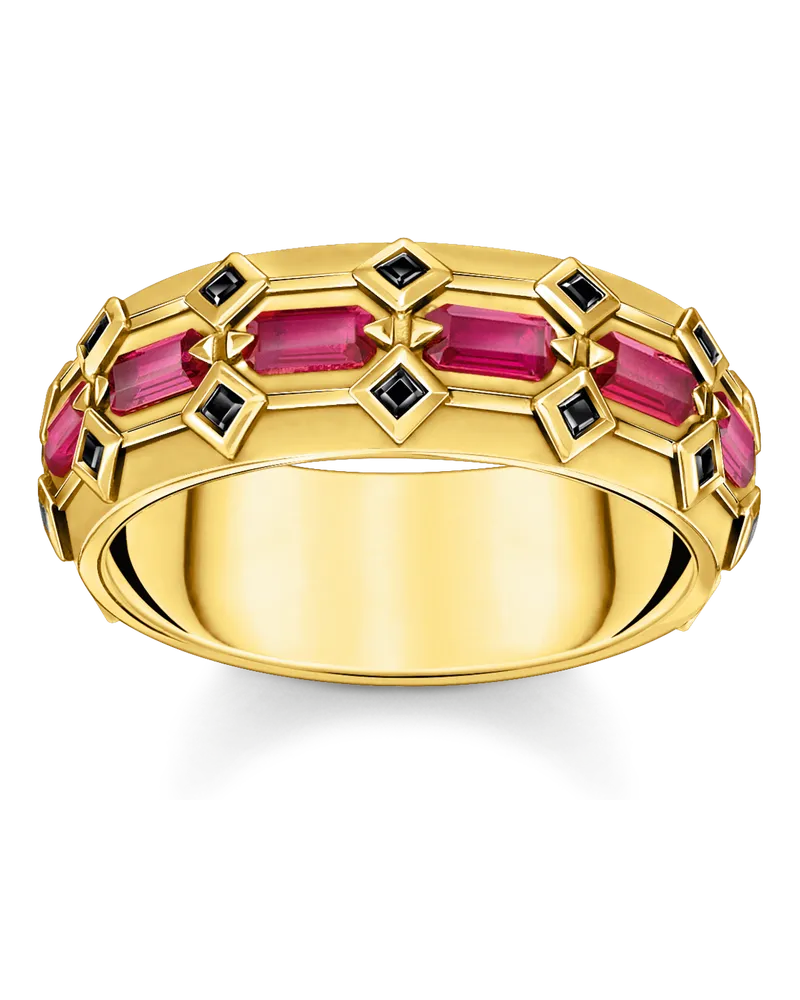 Thomas Sabo Herren Ring  Krokodilpanzer breit mit roten Steinen vergoldet, Sterlingsilber Gelbgold vergoldet Gelbgoldfarben