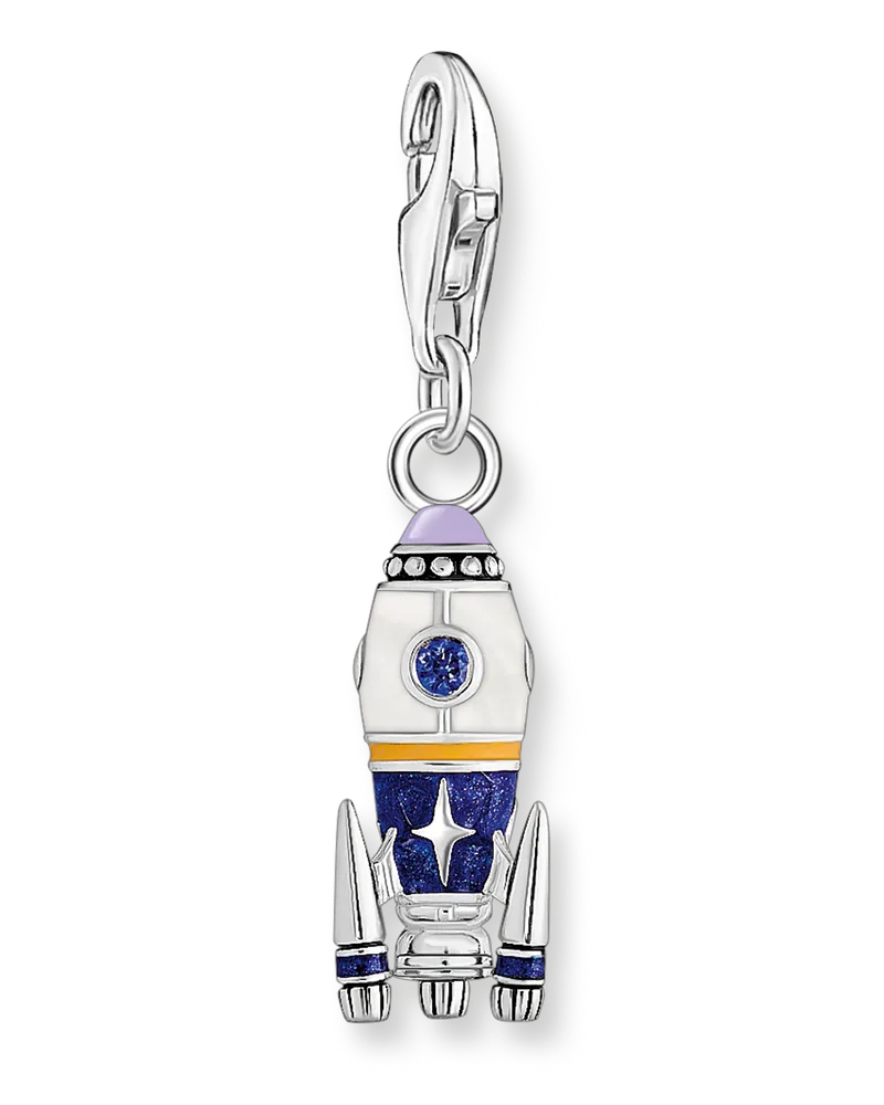 Thomas Sabo Damen Charm-Anhänger Rakete mit bunter Kaltemaille Silber geschwärzt, 925 Sterlingsilber geschwärzt/ Glas-Keramik Stein/ Zirkonia, Charm Club Collection Blau