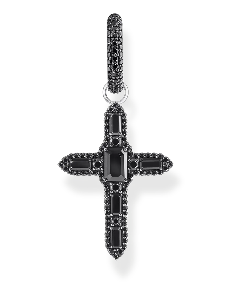 Thomas Sabo Damen Einzel-Creole mit Kreuzanhänger und schwarzen Steinen Silber geschwärzt, Sterlingsilber Schwarz