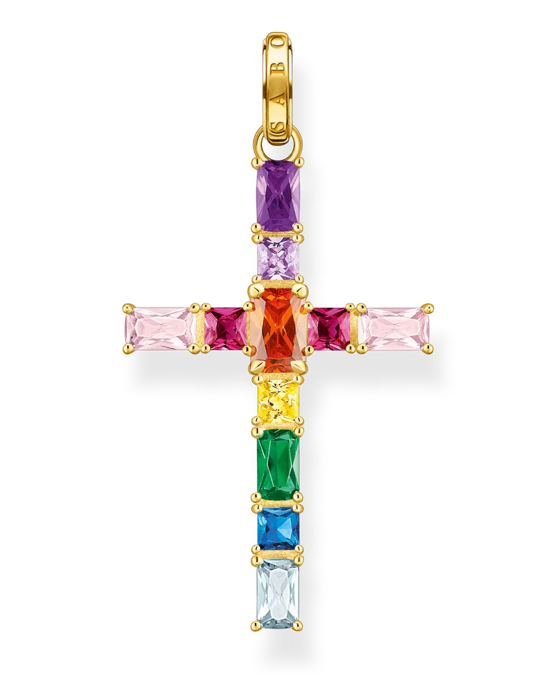 Thomas Sabo Damen Anhänger Kreuz mit bunten Steinen vergoldet, Sterlingsilber Gelbgold vergoldet Blau