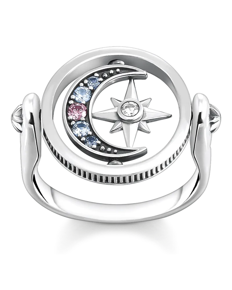 Thomas Sabo Damen Ring Royalty Stern & Mond silber, 925 Sterlingsilber geschwärzt/ Glas-Keramik Stein/ Zirkonia Dunkelblau