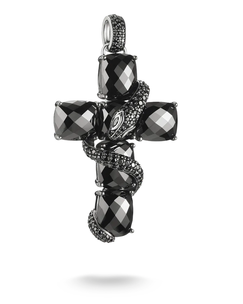 Thomas Sabo Damen Kreuzanhänger mit Schlange und schwarzen Steinen Silber geschwärzt, Sterlingsilber Schwarz