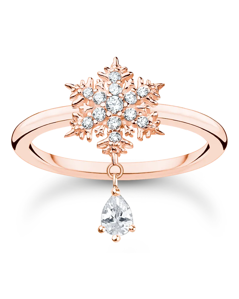 Thomas Sabo Damen Ring Schneeflocke mit weißen Steinen roségold, Sterlingsilber Roségold vergoldet, Charming Collection Roségoldfarben