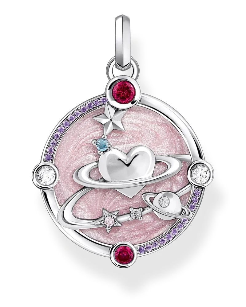 Thomas Sabo Damen Kettenanhänger rosa mit Herzplaneten und Steinen Silber, 925 Sterlingsilber geschwärzt/ Glas-Keramik Stein/ Kaltemail/ synthetischer Korund/ Zirkonia Blau
