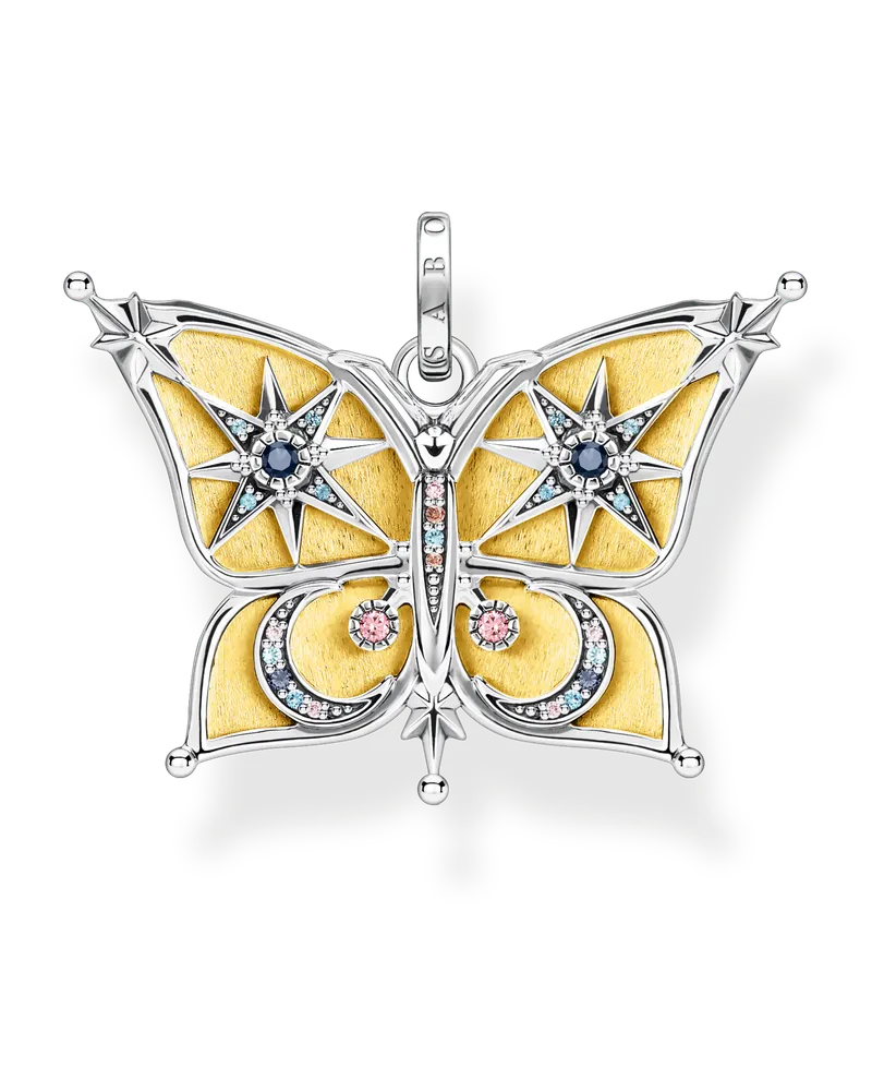 Thomas Sabo Damen Anhänger Schmetterling mit Mond und Sterne gold, Sterlingsilber Gelbgold vergoldet Blau