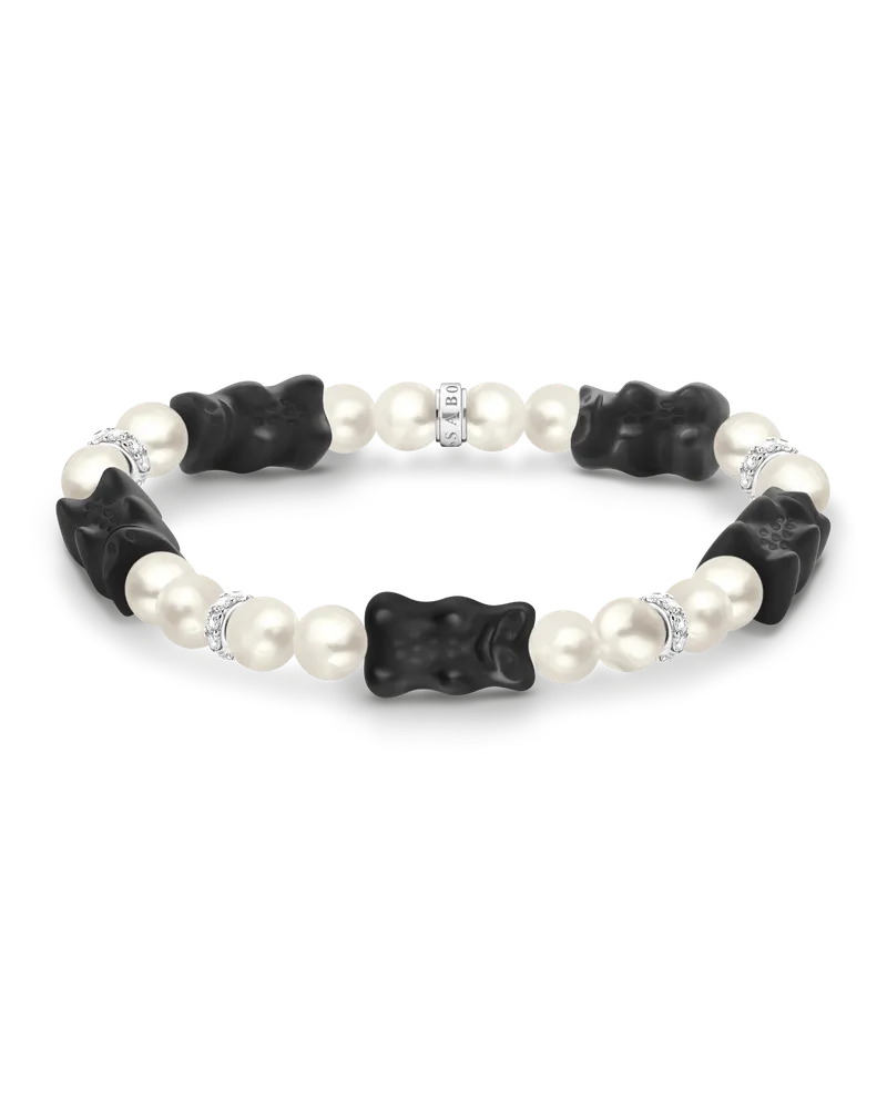 Thomas Sabo Damen Perlenarmband mit 5 schwarzen Goldbären Silber, Sterlingsilber / Glas Schwarz