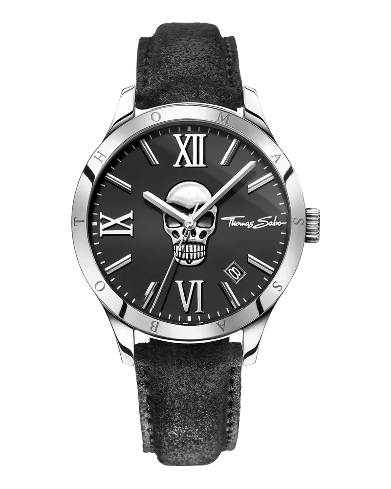 Thomas Sabo Herren Herrenuhr Rebel Icon Totenkopf silberfarben, Edelstahl | Leder Schwarz