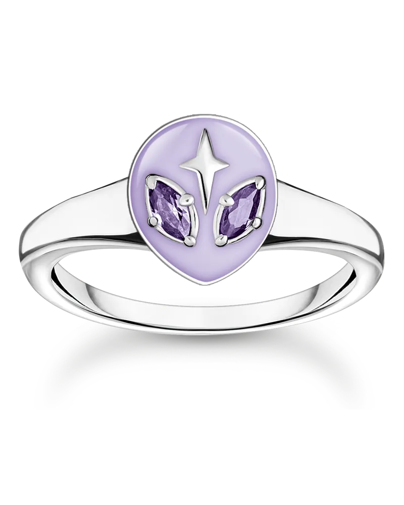 Thomas Sabo Damen Ring Alienkopf mit Kaltemaille und violetten Steinen Silber, Sterlingsilber, Charming Collection Silberfarben