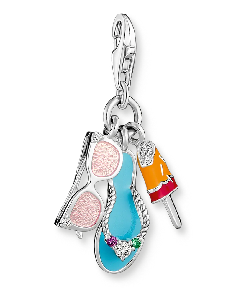 Thomas Sabo Damen Charm-Anhänger Sonnenbrille, Flip-Flop und Eis Silber, 925 Sterlingsilber geschwärzt/ Glas-Keramik Stein/ Kaltemail/ synthetischer Korund/ Zirkonia, Charm Club Collection Grün