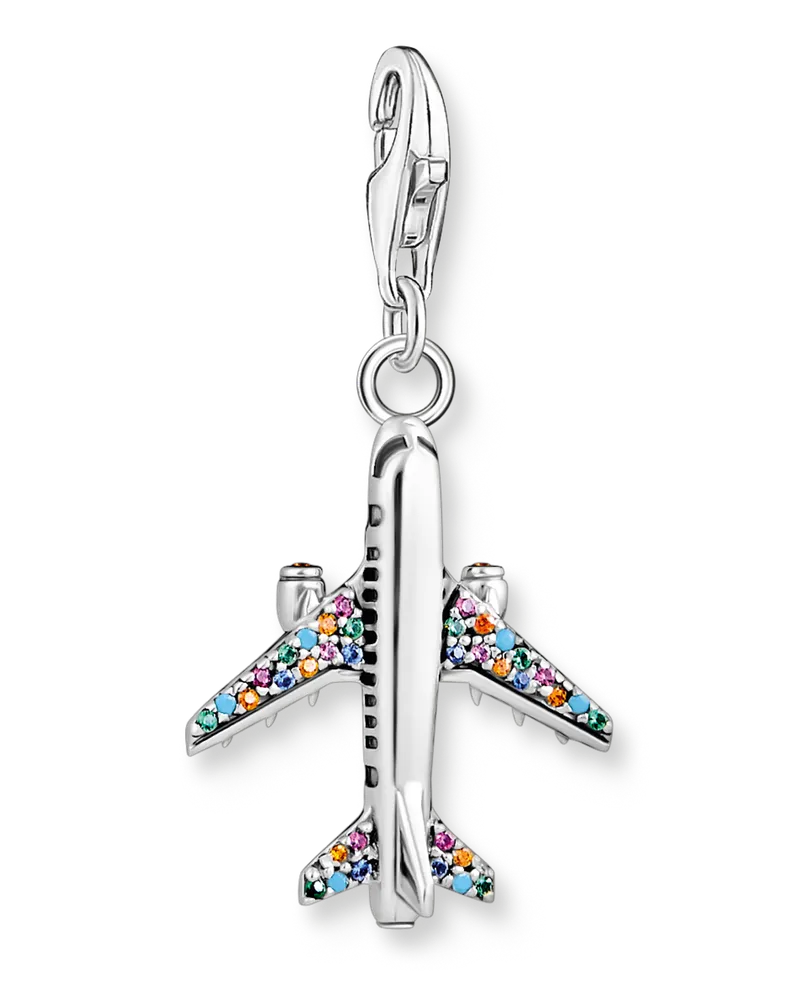 Thomas Sabo Damen Charm-Anhänger mit buntem Flugzeug Silber, 925 Sterlingsilber, geschwärzt/ Glas-Keramik Stein/ synthetischer Korund/ Zirkonia, Charm Club Collection Grün