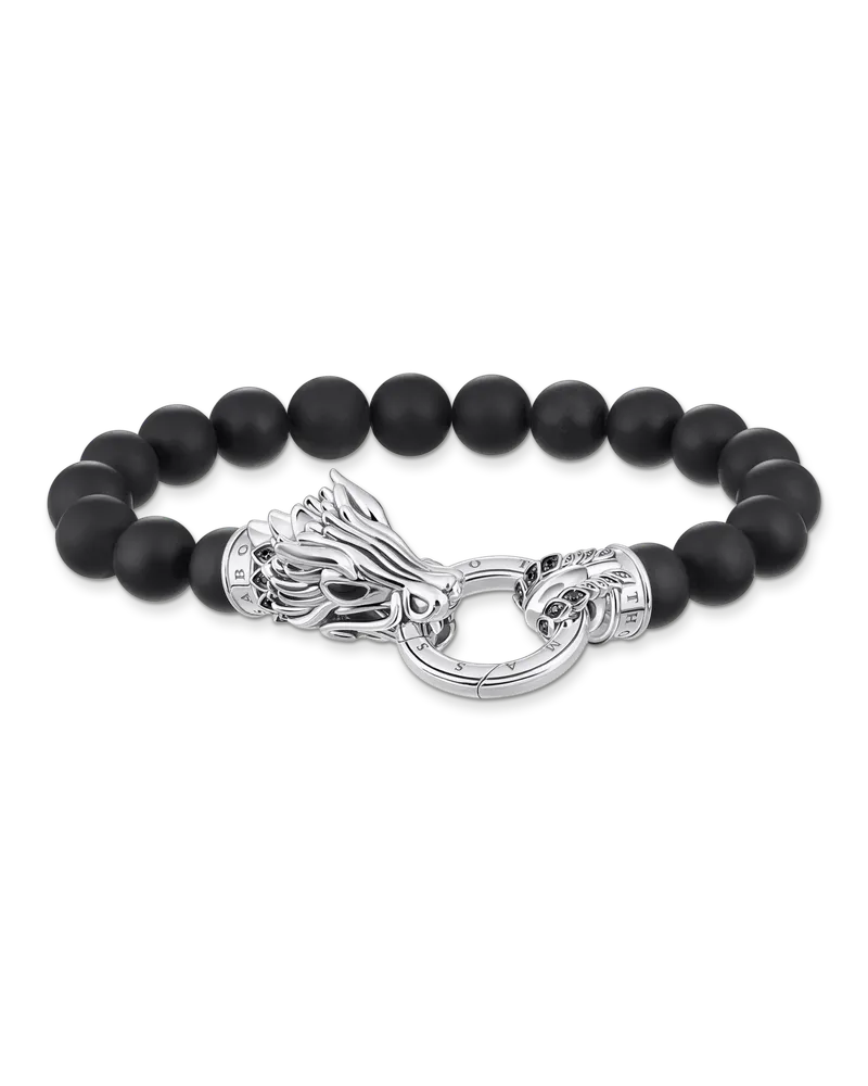 Thomas Sabo Herren Armband aus schwarzen Beads mit Drachen-Schließe, Sterlingsilber Schwarz
