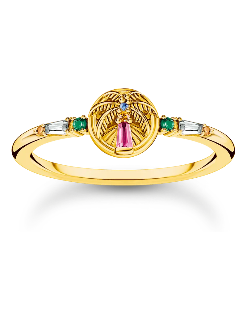 Thomas Sabo Damen Ring mit Palme und bunten Steinen vergoldet, 925 Sterlingsilber vergoldet Gelbgold/ Glas-Keramik Stein/ synthetischer Korund/ Zirkonia, Charming Collection Blau